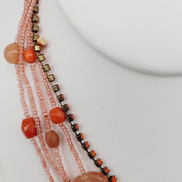 Multi Strand Beaded Choker/Collar Necklace Coral Orange Glass & Seed Beads - Picture 4 of 6